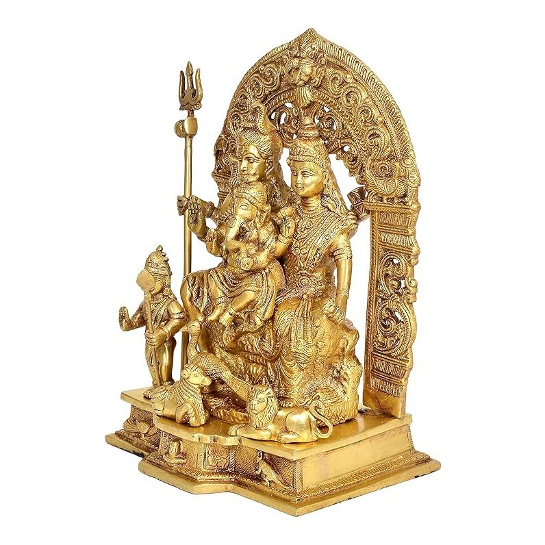 Brass Shiv Parivar Idol Figurine Decorative Showpiece Shiv Family Sculpture for Home Temple Office Gift Item Golden Height 12 Inches