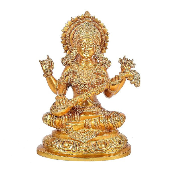 Brass Goddess Saraswati Idol Maa Saraswati Religious Statue Height 7.2 Inch