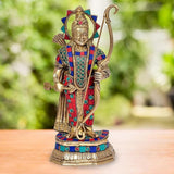 Brass Ram idol with multicolor painted robe, holding bow and conch, 10.5 inch.