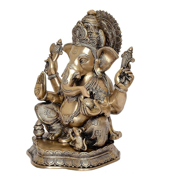 Brass Ganesha Brass Statue Idol for Home Decor Office Mandir | Height : 15.5 inch Study Setting