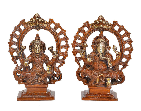 Brass Laxmi Ganesh Statue - Handcrafted Goddess Lakshmi and Lord Ganesha Idol for Home Decor and Pooja - Hindu Deities Figurine (Height 7.5 Inch)