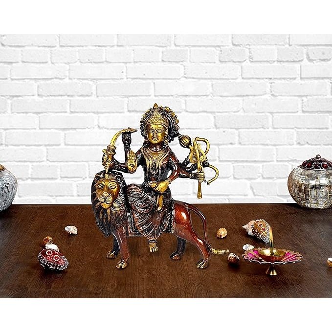 Brass Idol/Statue of MATA Sherawali/Maa Durga for Home & Office Temple 9 Inches