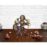 Maa Durga brass statue with trident and pot, seated on lion