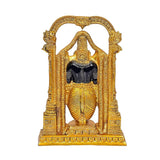 Sri Venkateswara idol viewed from front, black stone figure inside golden arch