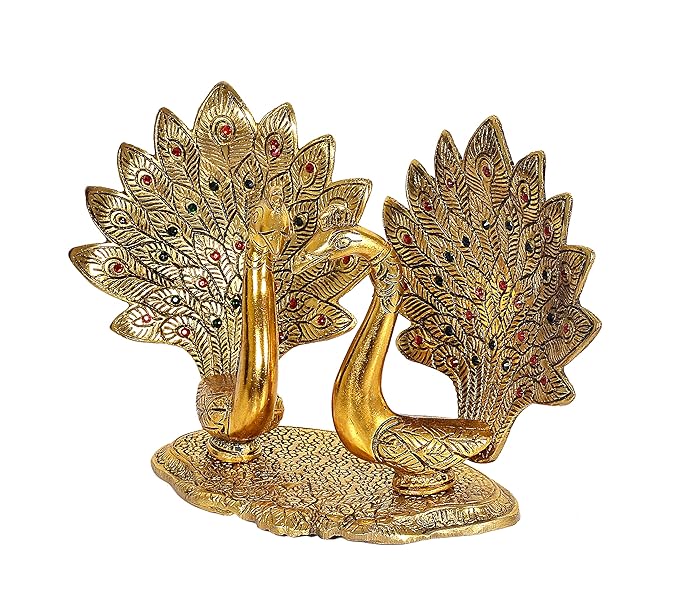 Metal Double Lovers Peacock Statue, Showpiece Figurine Gold Height 6 inch