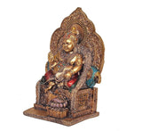 Kuvera statue idol side view, antique bronze finish, blue backrest details and red robe