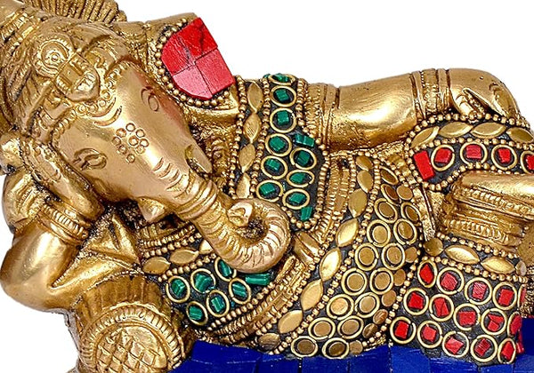 Brass Ganesha Statue Idol in Resting Position for Home Decor | Height : 4.5 inches (Blue Multi)