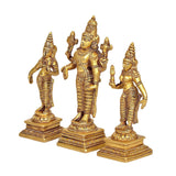 Standing Vishnu with Bhudevi and Sridevi brass statues, angled view of three figures