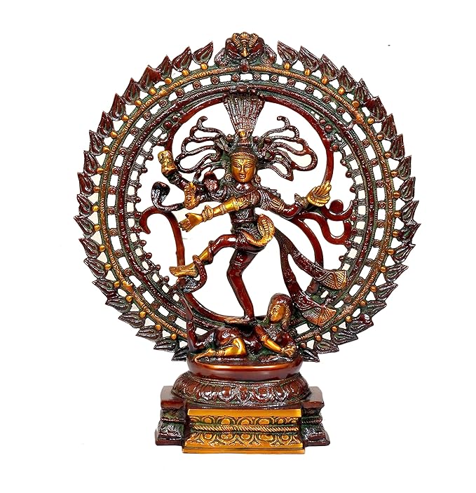 Brass Nataraja Shiv Murti with ornate OM-style circular halo, standing pose, 20 in
