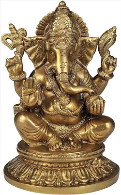 Four Armed Seated Ganesha Idol Statue Decorative Showpiece Home Temple Office Decor Golden Height 9 Inches