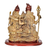 Brass Shiva family idol rear view, long hair figures, tridents, and layered base