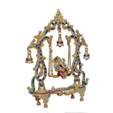 Brass Ganesha swing diya with bell frame, gold-tone stand with oil lamp holders and bells