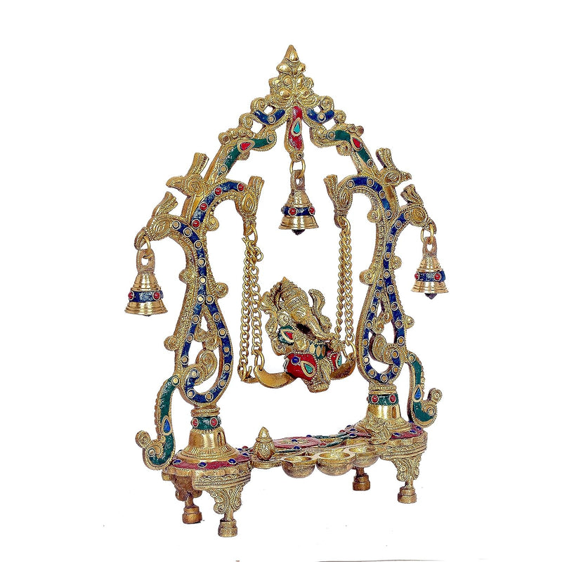 AONA Brass Ganesha Swing Statue Diya with Bell Fome Home Decor Diwali | Height : 14 Inches