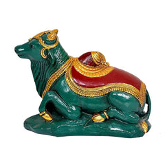 Nandi bull statue polyresin, green with red saddle and gold trim, seated view
