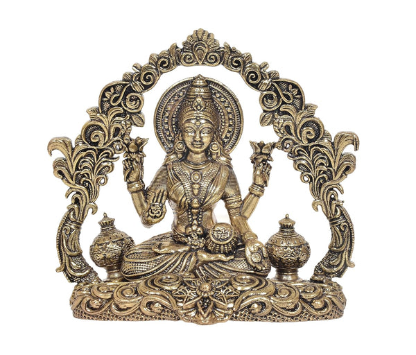 Superfine Brass Goddess Lakshmi Idol with Arch Frame and Kalash Pots (Height:4 Inch) Study Setting