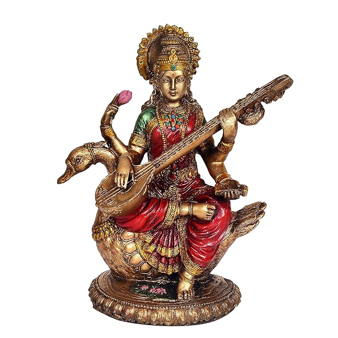 Saraswati Idol - Sculpture Hindu Goddess of Knowledge, Music (21.0cm Height X 11.0 cm Width)(Resin, Multicolour)