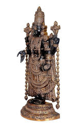 Brass Tirupati Balaji statue, three-quarter view, ornate jewelry, draped robe and pedestal base