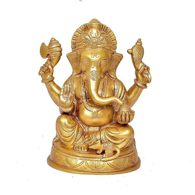 Brass Ganesha Idol On Base Giving Blessings Statue for Home Decor Temple | Height : 8 inches