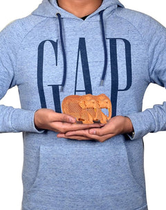 Person holding two small tan wooden elephant statues in their hands