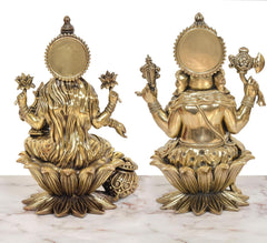 Back view: brass-finish Lakshmi and Ganesh statues on lotus bases with embossed details