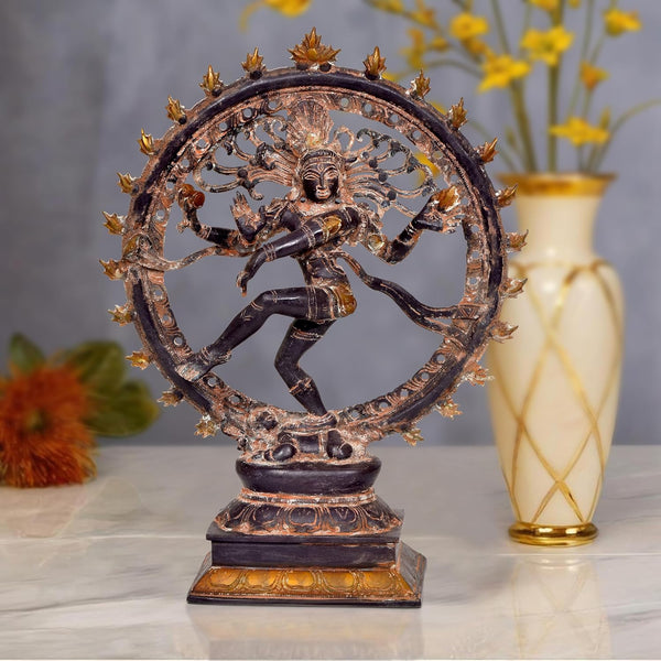 Brass Natraj Lord Shiva Dancing Natraj Brass with 23 Agni Chakra Idol Statues for Home Decor and Ofice Multicolor (Height: 13 inch) (Multicolor Natraj)