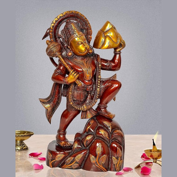 Brass Hanuman JI with Mountain Statue Idol Sculpture Statue Home Decor (Height: 17 Inch)