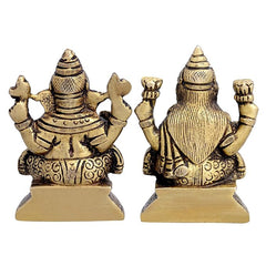Brass Lakshmi Ganesha idols, rear view with raised hands and patterned torso
