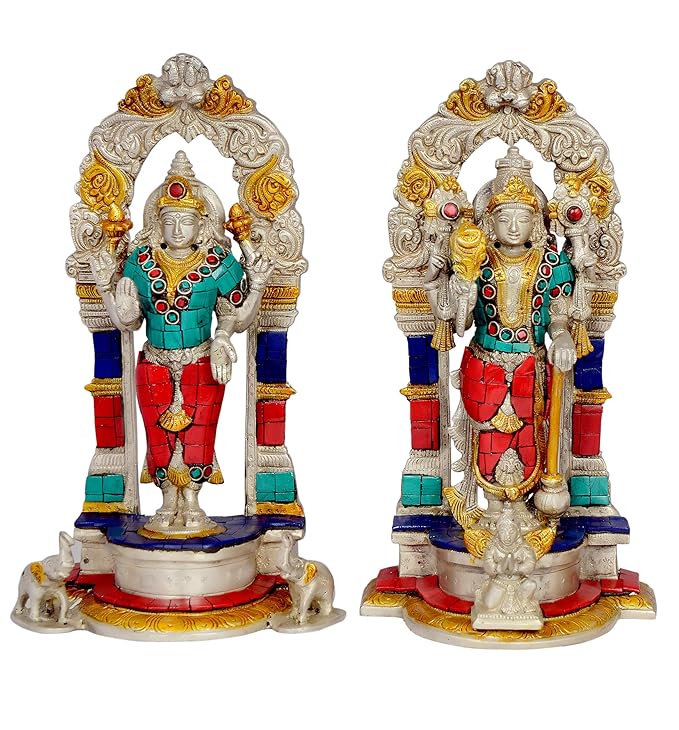 India Lord Vishnu and Lakshmi Ji with Floral Aureole - Brass Statue, Height 9" I Home Decor