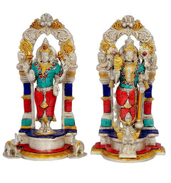 Brass Vishnu & Lakshmi statue, floral aureole, turquoise and red attire, 9 in