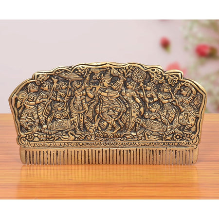 Brass Comb with the Figures of Radha Krishna and Gopis Collectible (Height 3.5 Inches)