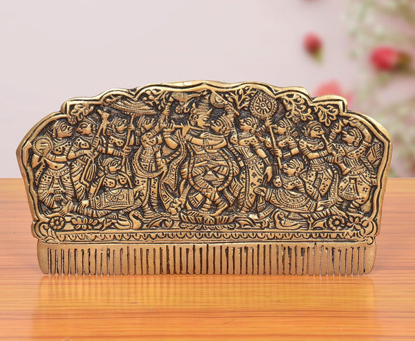 Brass Comb with the Figures of Radha Krishna and Gopis (Height 3.5 Inch)