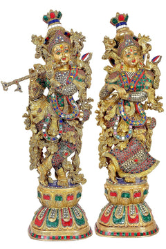Brass Radha Krishna figurines with colorful eye work, ornate jewelry; 29 in tall