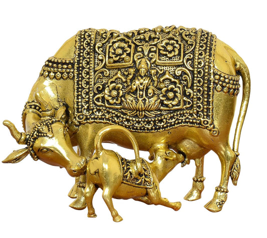 Bronze Cow with Calf for Pooja Mandir Home Templ Decor and Car Dashboard (Height 3 Inch)