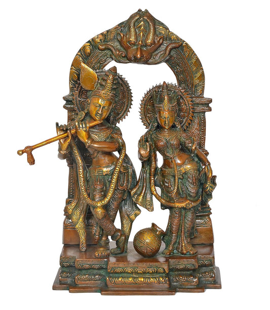 Brass Radha Krishna Idol Statue On Artistic Frame for Home Decor and Pooja Mandir Temple Office Decor (Height 14 Inch) (Multicolor 1)