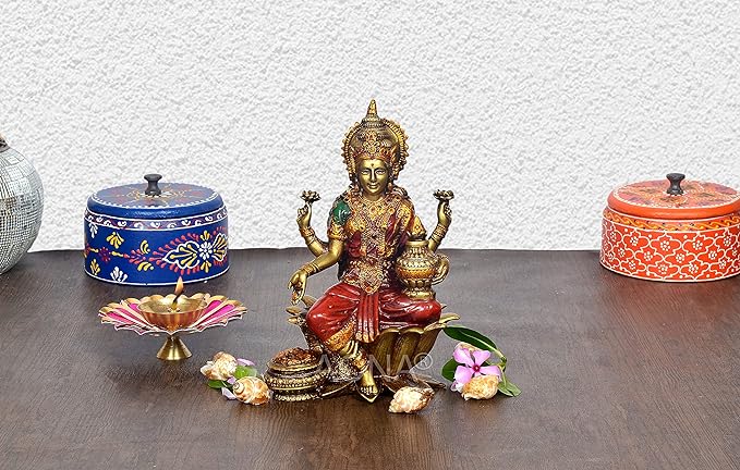 Lakshmi Idol Polyresin Maa Lakshmi for Home & Office Decor, Height 7.5 Inch, Multicolour