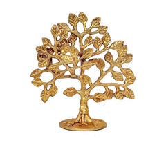 Brass tree statue with layered branches and leaves, small circular pedestal base