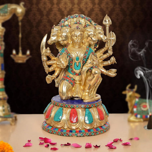 Brass Panchmukhi Hanuman Idol Figurine (Height: 13 Inch) Mandir Setting