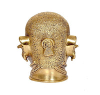 Brass Shiva head statue idol back view with patterned hair texture and emblem, 6 in