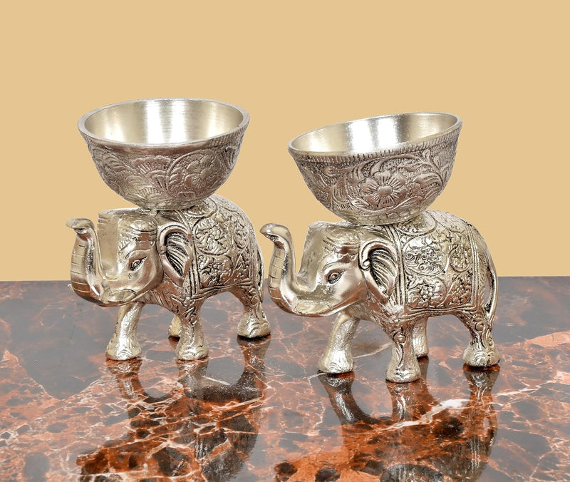 Metal Elephant Dry Fruit Bowl Showpiece Silver Polish Pack of 2 (Height: 5 Inch)