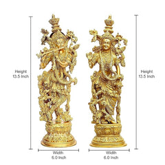 Radha-Krishna-Figurine aus Messing in Gold, beidseitig stehende Figuren auf verzierter Basis