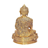 Rückansicht Messing-Buddha-Statue, sitzend, ornamental verziert, auf rundem Sockel