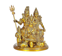 Brass Shiv Parivar family idol, central deity with trident and three seated figures