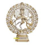 Brass Om Nataraja statue with circular halo, dancing figure, ornate gold accents