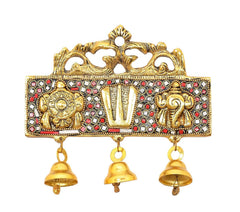 Gold metal hanging latkan with red gem border and three dangling bells