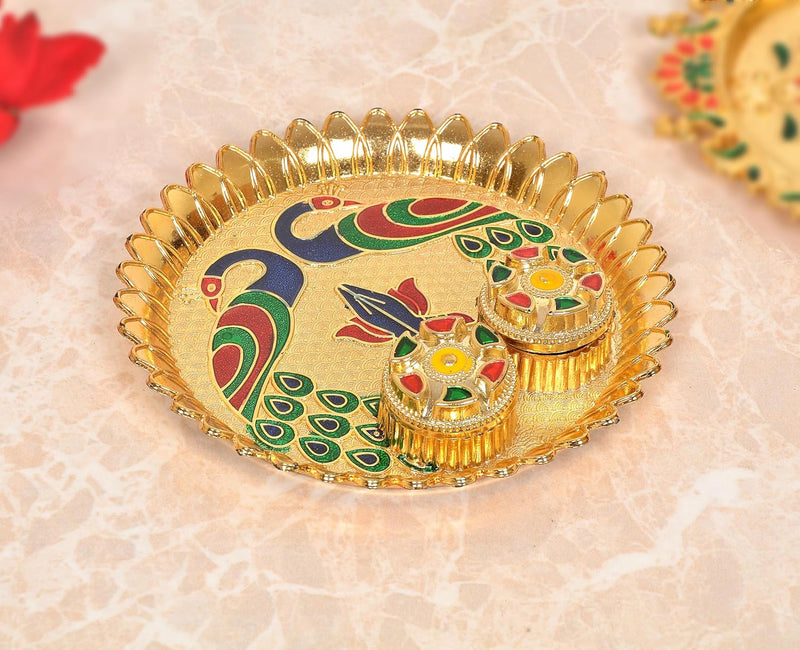 Gold-plated tilak plate with two kumkum holders and peacock artwork, 5.5 in