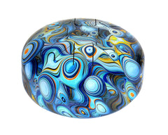 Blue peacock steel tongue drum with circular swirl pattern and tuned metal tongues