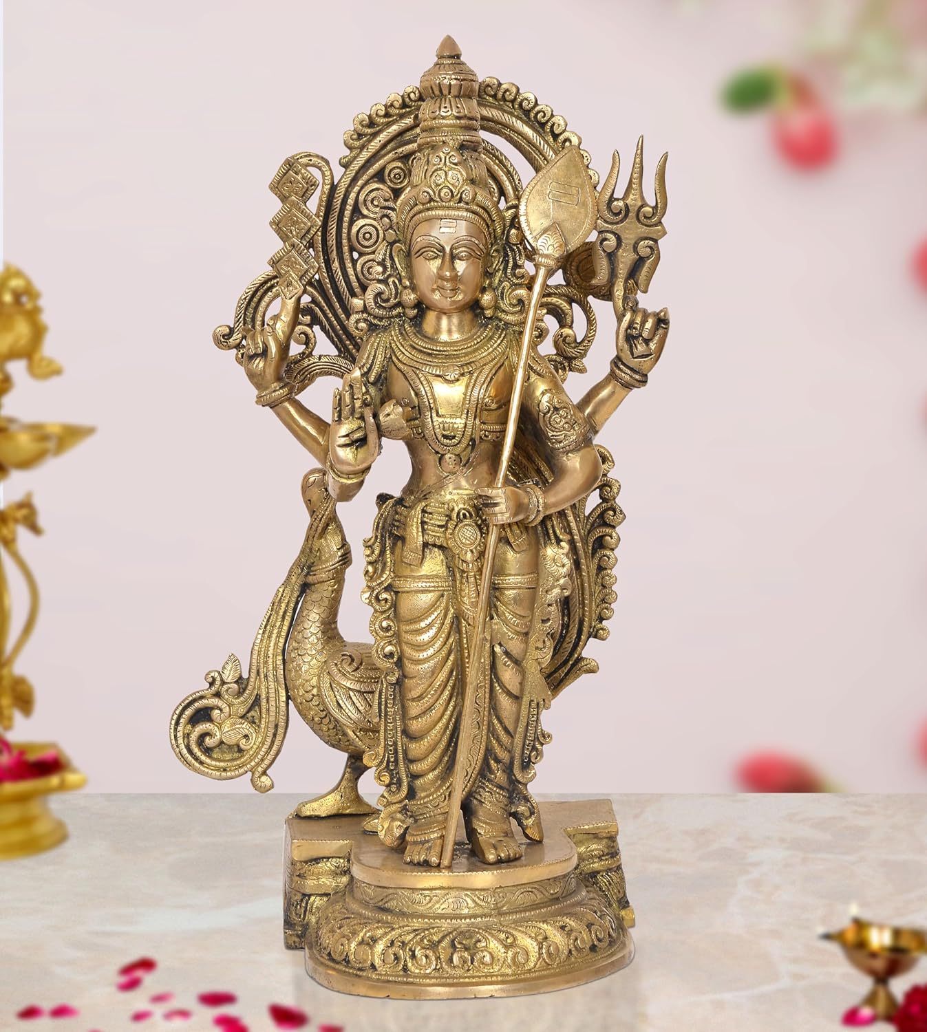 Brass Standing Lord Kartikeya Murugan Murti for Home Decor Pooja Mandir Decorative Showpiece Brass Murti (Height 19 Inch)