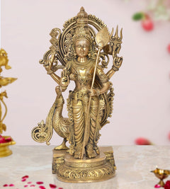Brass standing lord Kartikeya Murugan murti with ornate crown and multiple weapons