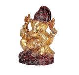 Brass Ganesha statue idol with maroon crown halo, golden body, decorative maroon base
