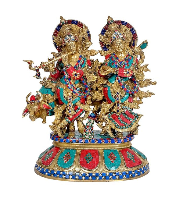 Brass Krishna Radha with Cow Showpiece (Height: 18 inches) Entryway Setting
